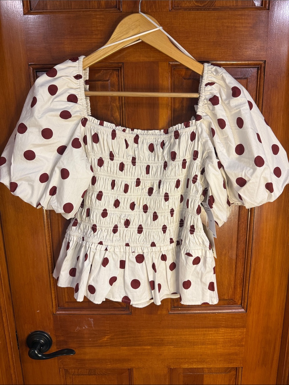 Smocked Puff-Sleeve Polka Dot Top - White with Brown  Dots